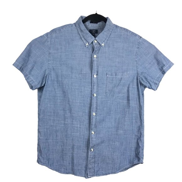 J Crew Mens Slim Fit Chambray Shirt Short Sleeve Button Cotton Size Large
